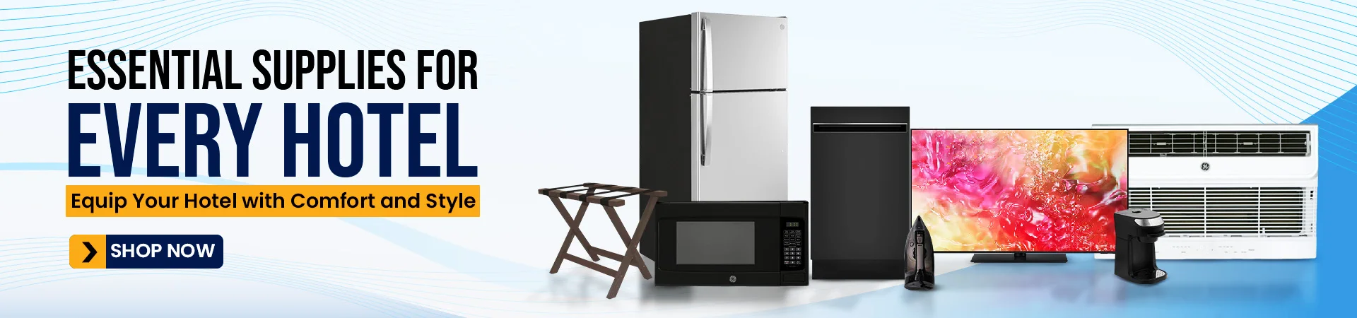 Essential hotel supplies including black and red mini fridges, microwave, coffee maker, showcasing convenience and style for modern guest rooms.